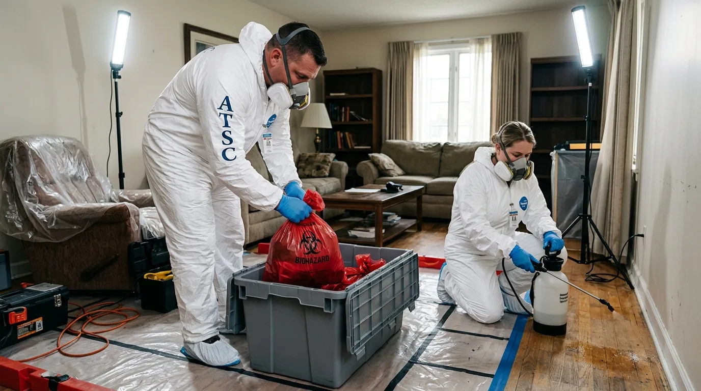 Professional Hazmat Cleanup technician in full PPE working in Phoenix